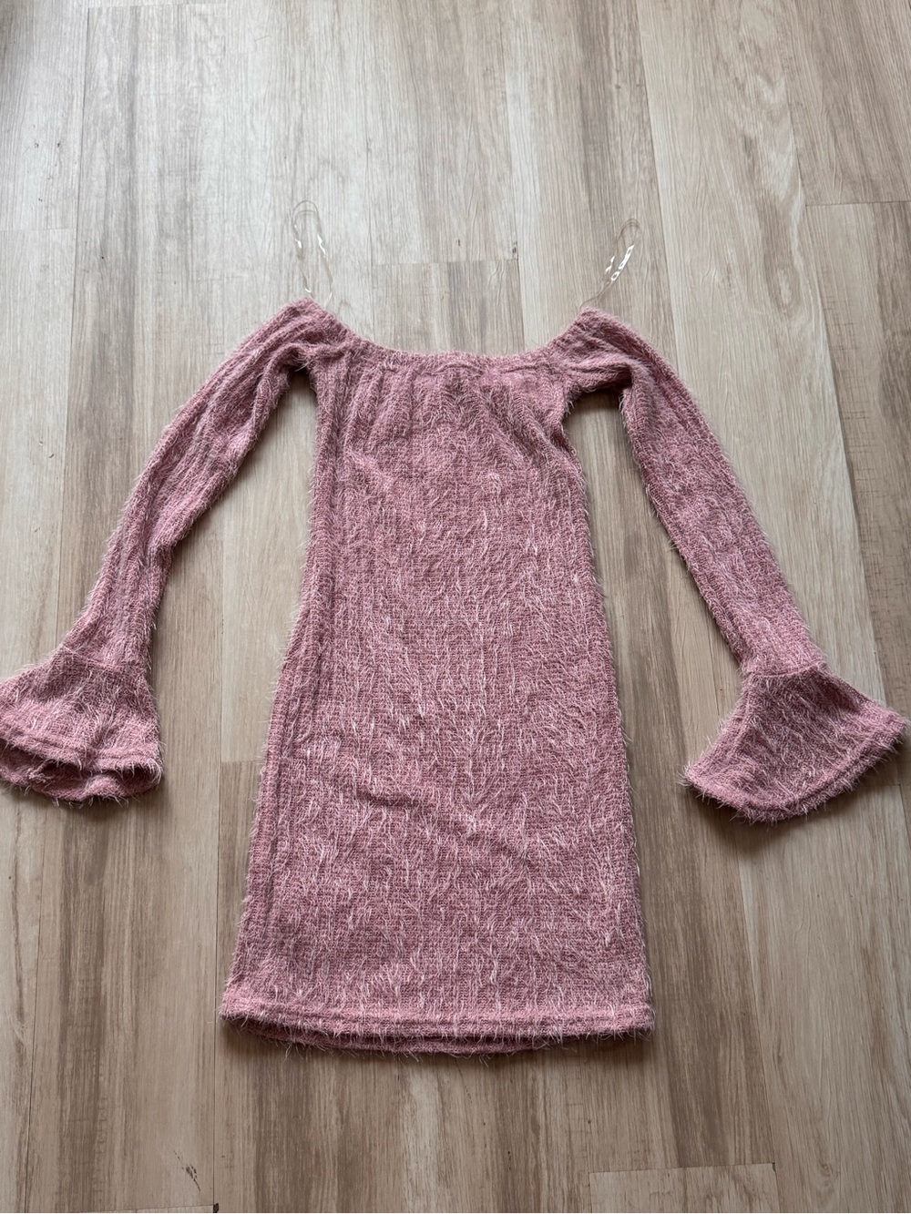 Fashion Nova Dusty Rose Fuzzy Off-Shoulder Bell Sleeve Dress